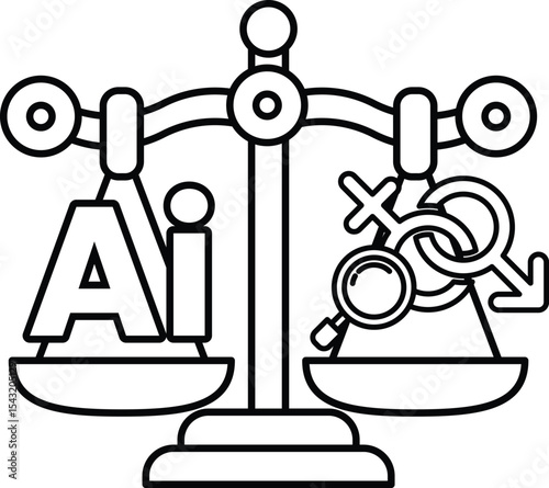 A scale with the letters AI on one side and a magnifying glass on the other
