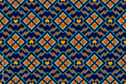 A striking, seamless tribal pattern featuring a symmetrical arrangement of diamond and zigzag motifs rendered in a distinct pixel art style. It is ideal for a wide range of creative projects