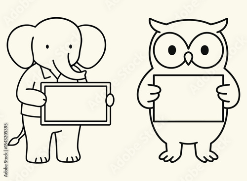 Editable Animal Message Signs Elephant & Owl Holding Blank Posters Illustration