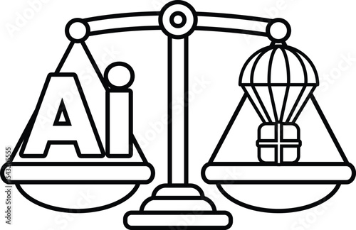 A scale with a red and blue umbrella on one side and the letters AI on the other