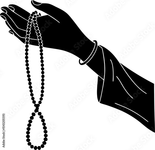 Woman's hand holding prayer beads silhouette isolated on transparent background