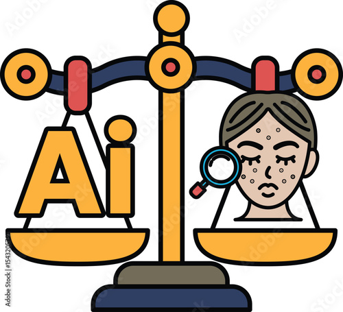 A woman's face is being weighed against the word AI