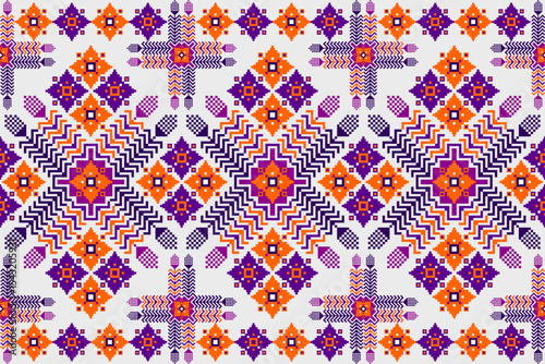 Dynamic Ethnic Pixel Art Seamless Pattern in Purple and Orange. This versatile pixel art pattern is ideal for digital backgrounds, web design, game development, textiles, fashion accents, cultural