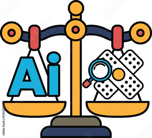 A scale with the letters AI on one side and a magnifying glass on the other