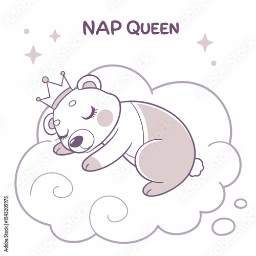 Adorable bear cub nap queen sleeping on cloud crown stars dreamy cute