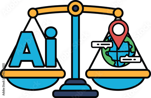 A blue and yellow scale with the word AI on the left and a globe on the right