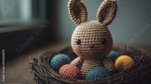 A cute crocheted bunny sits in a nest surrounded by colorful, knitted eggs, creating a cozy and festive atmosphere