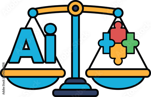 A scale with the letters AI on one side and a puzzle on the other