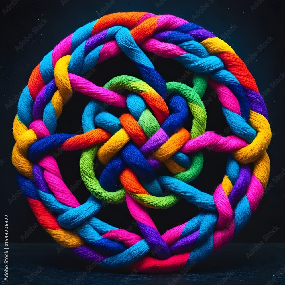 custom made wallpaper toronto digitalA colorful, intricately woven circular knot features vibrant hues of pink, blue, green, and yellow. The pattern is complex, creating a striking visual effect against a dark background.