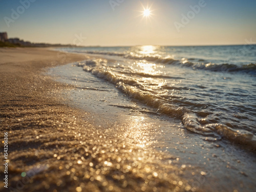 Soft bokeh view of a sunlit sandy beach with sea breeze gently blurring the horizon line and sparkling ocean waves under summer light capturing a minimal yet warm seasonal mood this