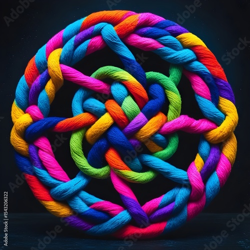 Wallpaper Mural A colorful, intricately woven circular knot features vibrant hues of pink, blue, green, and yellow. The pattern is complex, creating a striking visual effect against a dark background. Torontodigital.ca