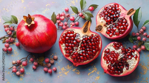 Artistic Still Life of Pomegranates on Painted Background Ripe Seeds Autumnal Harvest Healthy Diet Bright Color