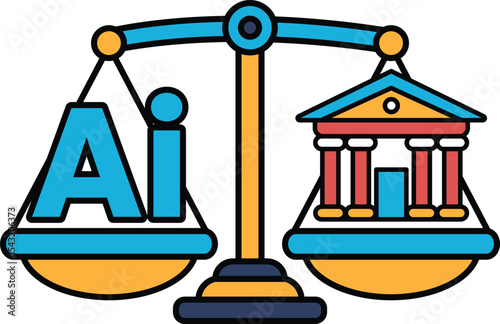 A scale with the letters AI on one side and a building on the other