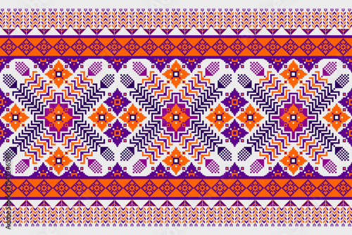 Vibrant Ethnic Pixel Art Border or Seamless Pattern in Purple and Orange. This eye-catching pattern evokes traditional textile designs with a modern pixel art aesthetic. It is ideal for digital