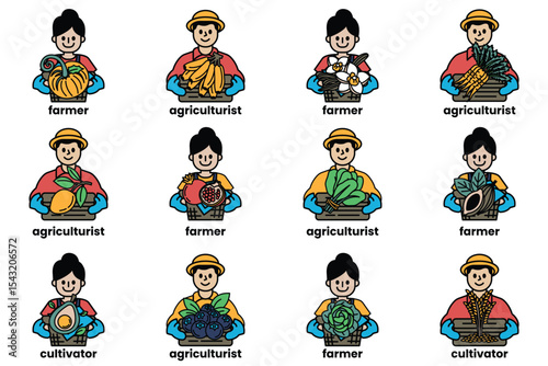A group of cartoon characters are holding various fruits and vegetables