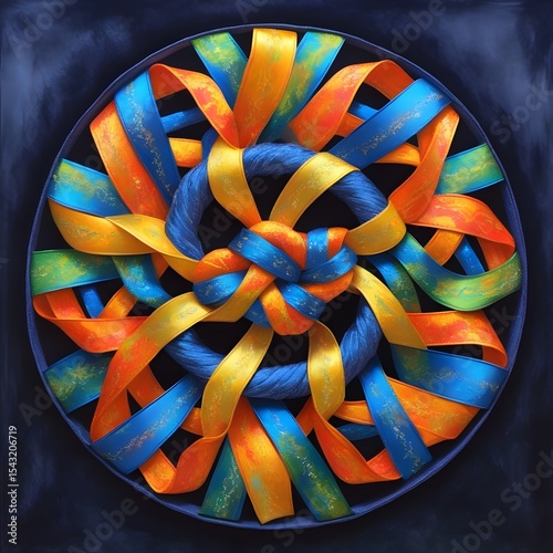 Brightly colored ribbons are intricately woven into a circular pattern, featuring vibrant shades of blue, orange, yellow, and green. The dark background contrasts sharply with the vivid colors