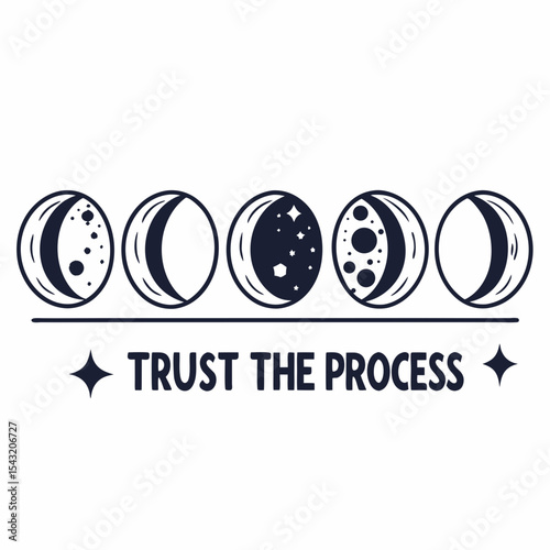 Moon phases trust the process celestial cycle spiritual growth graphic design