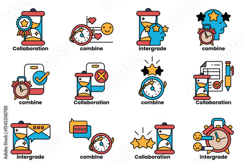 A set of twelve different clock faces, each with a different time displayed