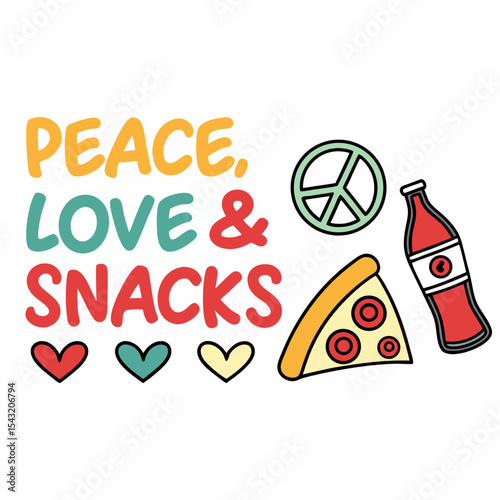 Peace love snacks pizza soda peace sign hearts retro 70s design