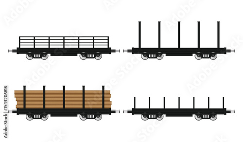 Four black train wagons showcase various cargo-carrying designs, including flatbeds, stake cars, and gondolas. One wagon is loaded with wooden logs, ready to be transported.