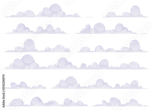 A collection of rows depicts fluffy, stylized clouds of varying sizes and shapes. These cartoon clouds are light purple and arranged on a white background.