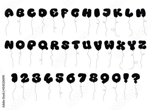 A clean display of the alphabet in capital letters, numbers, and punctuation marks designed in a balloon style against a stark white background for simple appeal.