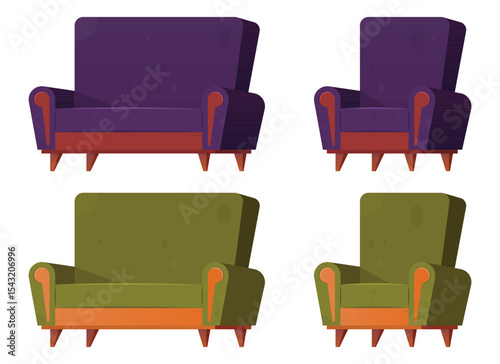 Two sets of cartoon armchairs, one in purple and the other in green, depict simple furniture for a living room or home interior, isolated against a white background.