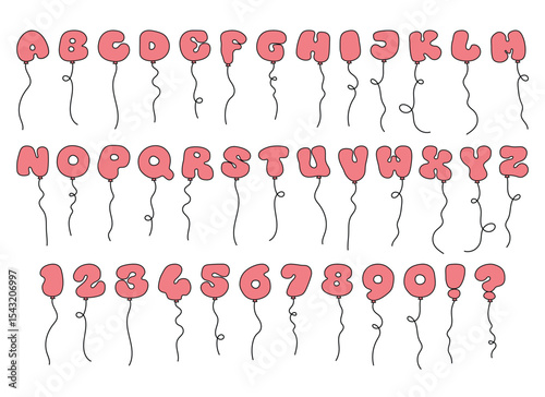 Complete alphabet, numbers and punctuation depicted as cheerful pink balloons with whimsical strings. Playful design, suitable for kids or party invitations, isolated on white.