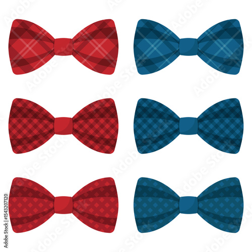 Six bow ties in red and blue hues, featuring varied patterns such as plaid and diamond, are neatly arranged against a clean, white background, creating a symmetrical display.