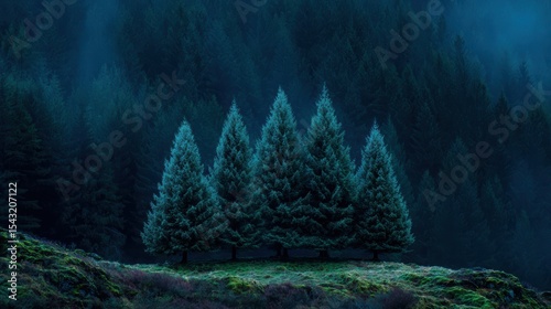 A row of tall evergreen trees stands on a lush, mossy hill, with a dense, misty forest in the background under soft blue light