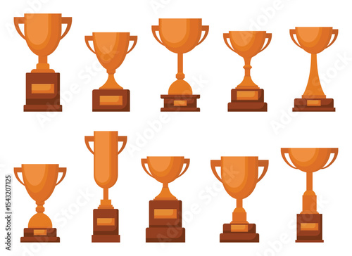 Ten bronze-colored trophy illustrations are shown against a white background. They each sit on a rectangular base and feature unique cup shapes with handles, representing success.