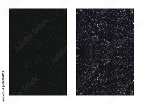 The image shows two granite slabs, one with a dark solid color and another with a veined pattern over a dark surface. The granite slabs showcase the textures.