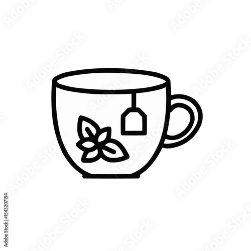 Outline of a tea cup with mint leaves and a tea bag  
