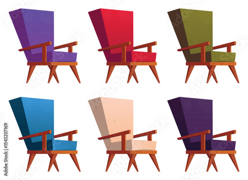 A colorful arrangement of six cartoon armchairs, each showcasing a different color, including red, blue, purple, and green, set against a clean white backdrop. The style is simple.