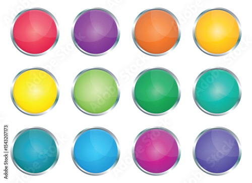 A collection of twelve shiny round buttons is displayed against a white background. Each button has a metal frame and is a different color, creating a visually appealing arrangement.