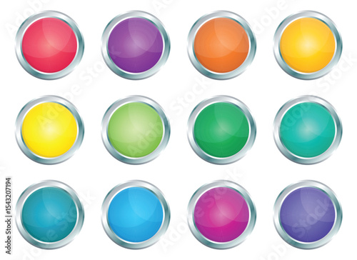 An array of twelve glossy, brightly colored round buttons is presented. Each button has a shiny metallic silver border, enhancing its appearance. Colors range across the spectrum.