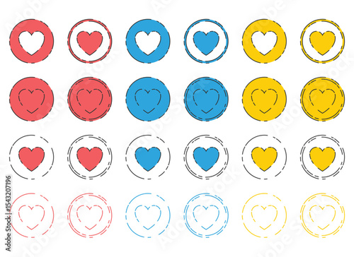 A collection of 24 heart icons in red, blue, and yellow, arranged in rows. Each heart is within a circle, with different styles and outline types. 