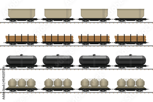 This image showcases various types of freight train cars designed for transporting different goods. The cars are depicted on train tracks against a white background.