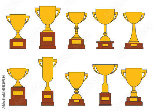 A collection of golden trophies showcasing varying designs, representing different types of competition and achievement, against a plain backdrop.