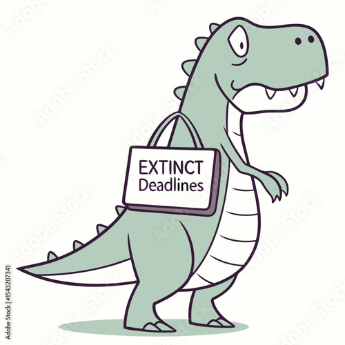 Cartoon dinosaur carrying extinct deadlines shopping bag