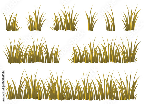 A collection of illustrated grass tufts, each varying in size and density.  The blades are depicted in shades of green-yellow, against a white backdrop, creating a natural, grassy scene.