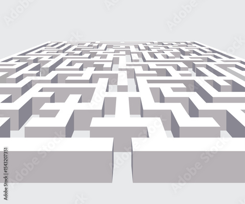 A vector art image of a complex white maze, featuring a labyrinth of interconnected pathways, presenting a challenging puzzle and geometric visual design on a light background.