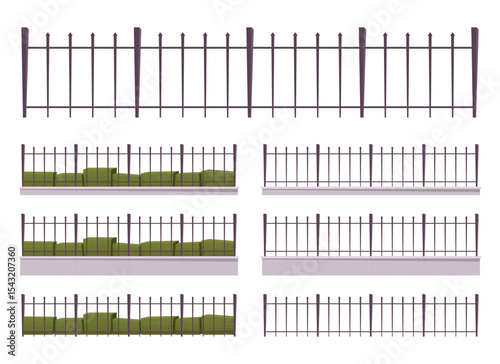 Different fence designs are presented, with metal fences, walls, and shrubbery. The setting is outdoors. Some fences have shrubbery on the other side.
