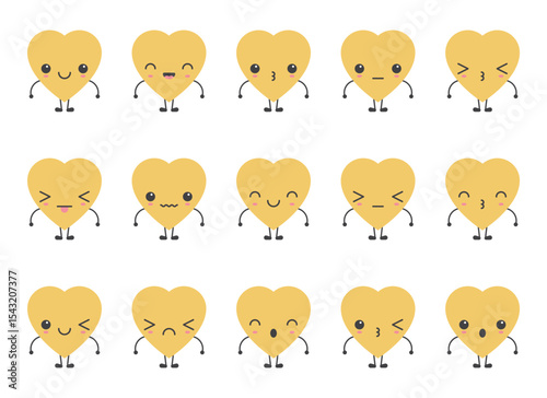 A collection of cute, yellow heart-shaped characters are displayed with a variety of expressions, from happy smiles to winks and frowns, all with simple arms and legs.