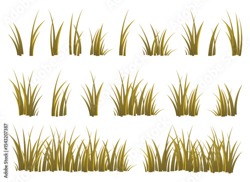 An illustration features clumps of green and brown grass blades arranged against a stark white background. The grass is presented in varying densities, creating a natural scene.
