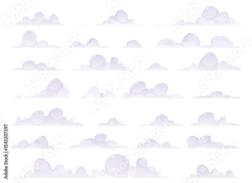 A collection of cartoon cloud shapes, all in a light purple color, are arranged on a clean, white background. The clouds are stylized, simple, and puffy.