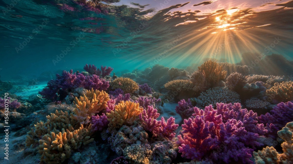 Fototapeta premium Vibrant Coral Reef Undersea at Sunset