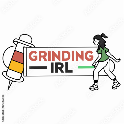Girl pushing progress bar grinding irl illustration transparent background