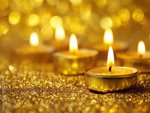 Golden tealight candles glowing warmly on a sparkling, glittery surface with a soft, blurred bokeh background