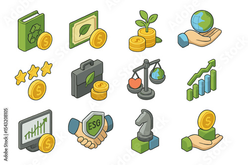 Eco-friendly finance concept with icons of sustainability and growth